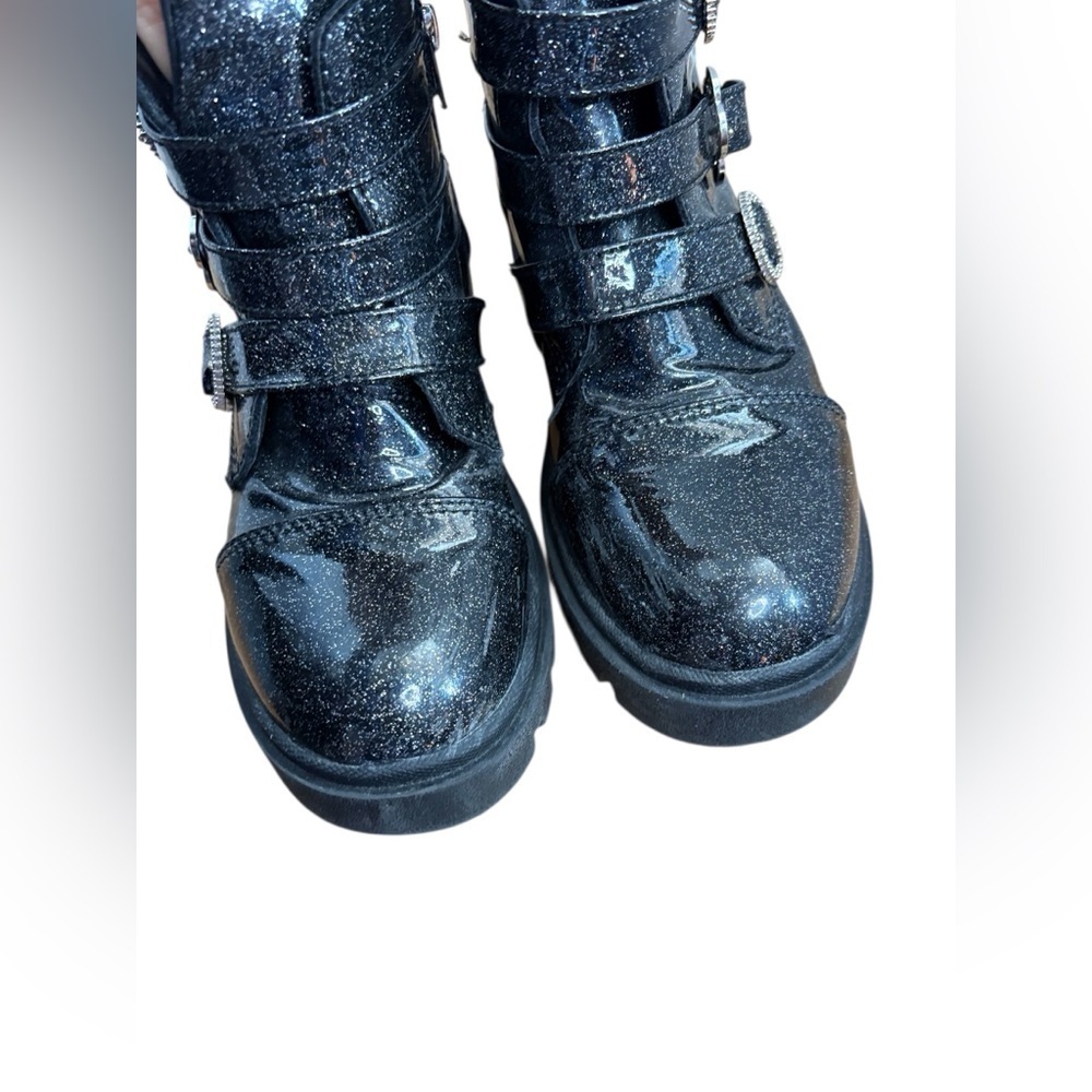 Justice Glittery Black big girls Kids Boots sz 3 zip+ 3 strap buckle preloved - Picture 8 of 12